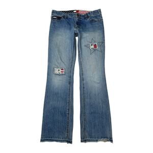 Tommy Hilfiger VTG Y2K Mid Rise Bootcut Jeans Flag Patches Stars FLAW 7 Jrs